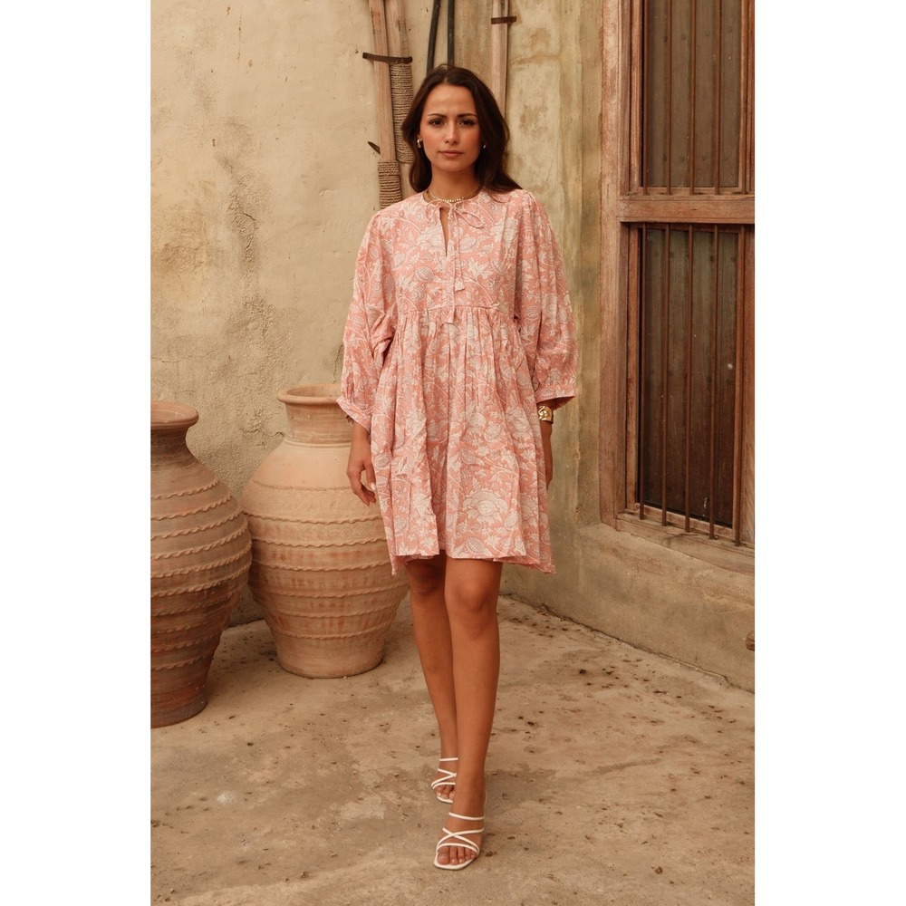 House of‎ Sundar Maya Mini Dress Pink Floral Block Print Balloon Sleeve XL Boho